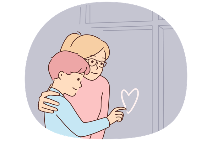 Mother hugs son draws heart on window sweaty in cold winter weather  Illustration