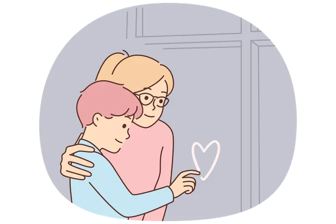 Mother hugs son draws heart on window sweaty in cold winter weather  Illustration