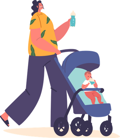 Mother Hydrates Herself And Her Child While On Move  Illustration