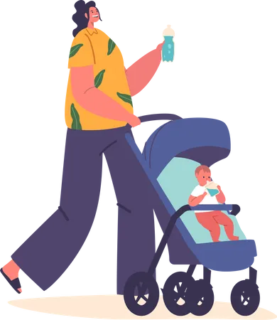 Mother Hydrates Herself And Her Child While On Move  Illustration