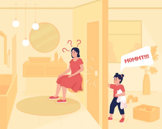 Mother in Bathroom and Child Knocking Door Illustration