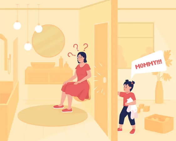 Mother in Bathroom and Child Knocking Door  Illustration