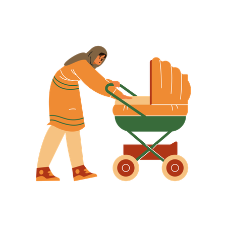 Mother in hijab taking care of her baby in stroller  Illustration