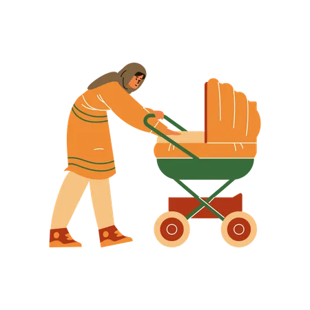 Mother in hijab taking care of her baby in stroller  Illustration