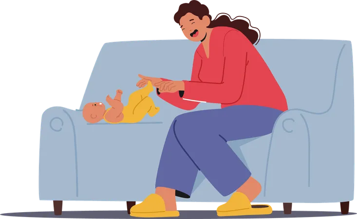 Mother Interacts With Newborn Baby While Sitting On Cozy Couch  Illustration