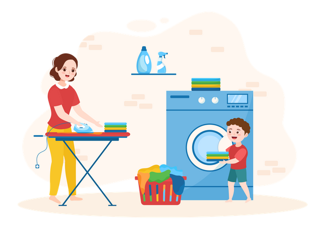Mother ironing clothes while son holding clothes Illustration