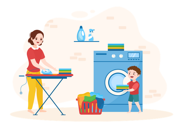 Mother ironing clothes while son holding clothes  Illustration