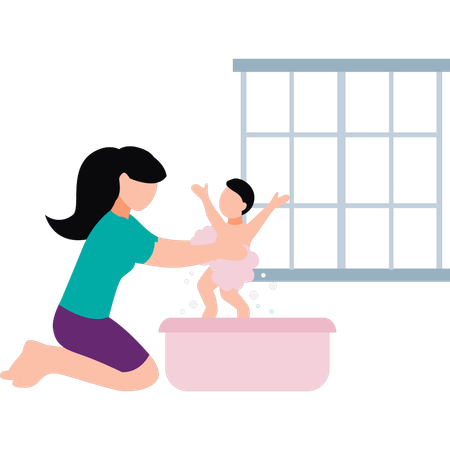 Mother is bathing her baby  Illustration