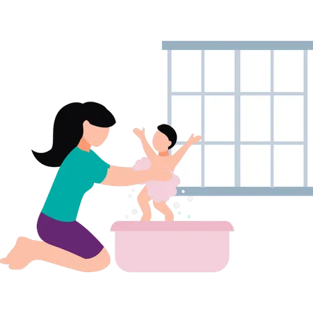A Mother Is Bathing Her Baby Illustration