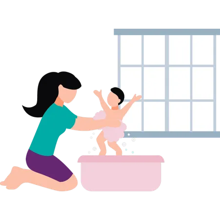 Mother is bathing her baby  Illustration