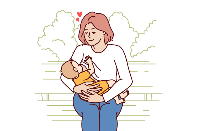 Mother is breastfeeding her child in park  Illustration