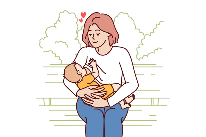 Loving Mother Breastfeeding Baby And Looks At Baby Lovingly Sitting On Park Bench Caring Woman Became Mom Calls For Abandoning Artificial Milk Nutrition And Breastfeeding Children Illustration