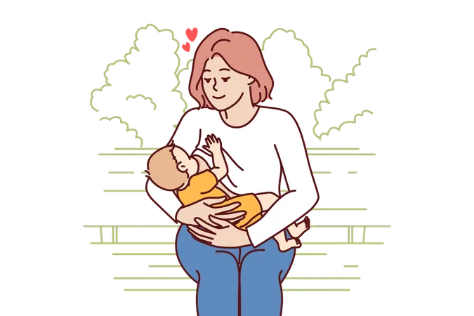 Mother is breastfeeding her child in park  Illustration