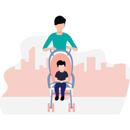 Mother is carrying her child in a stroller  Illustration