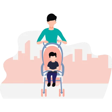 Mother is carrying her child in a stroller  Illustration