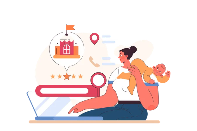 Mother Choosing A Kindergarten For Her Child Toodler Education And Daycare Service Search In The Internet Flat Vector Illustration Illustration
