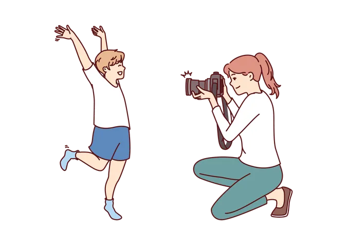 Mother is clicking photos of happy child  Illustration