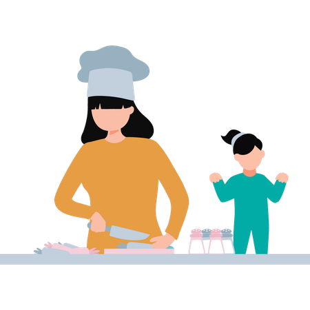 Mother is cutting the vegetables  イラスト