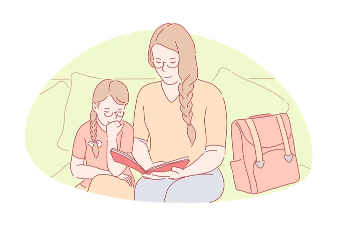 Family Bonding Home Education Happy Motherhood Concept Young Mom Helping Little Daughter With Homework Smiling Mother And Child Reading Book Together Lady Teaching Little Girl Simple Flat Vector Illustration