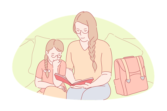 Mother is explaining chapter to child  Illustration