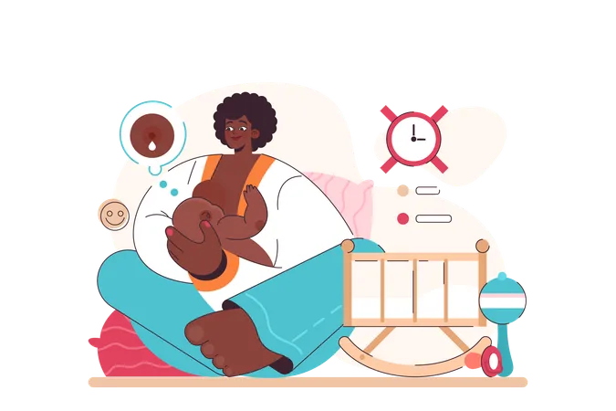 Mother Feeding Her Newborn Baby On Demand Breastfeeding Position In Lotus Pose Woman Feeds Infant With Breast Flat Vector Illustration イラスト