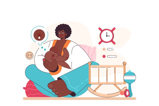 Mother is feeding her newborn baby on demand  Illustration