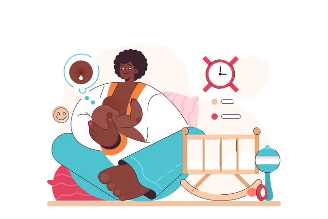 Mother is feeding her newborn baby on demand  Illustration