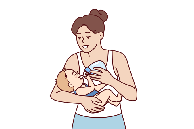 Mother is feeding new born child with milk  イラスト