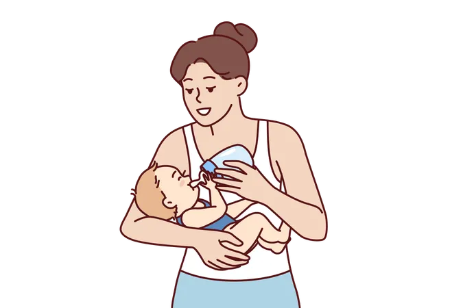 Young Mother Feeds Infant From Bottle Using Artificial Baby Food Fortified With Vitamins Due To Disease Hypogalactia Happy Mom Takes Care Of Son Or Daughter And Gives Baby Milk From Pacifier イラスト