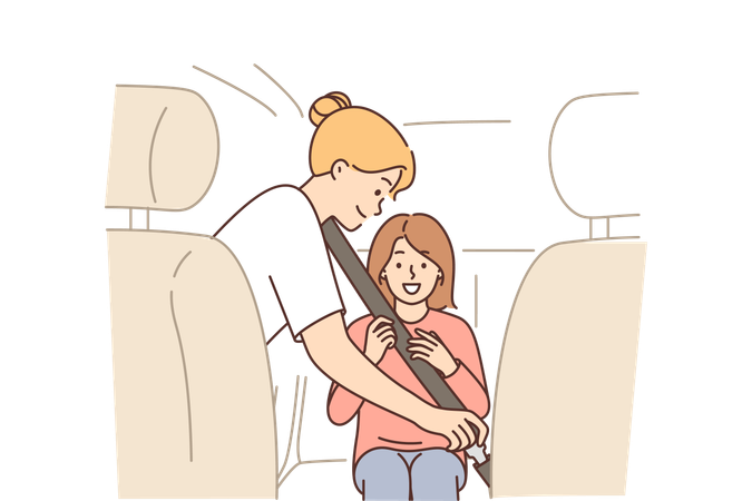 Mother is helping girl to fasten seat belt  Illustration