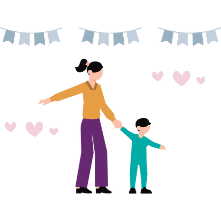 Mother is holding her son's hand  イラスト