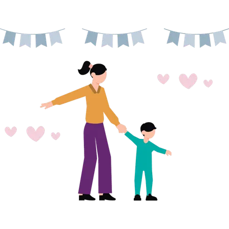 The Mother Is Holding Her Sons Hand Illustration
