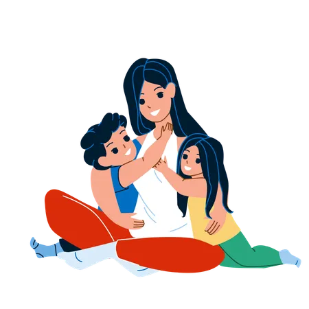 Mother Hugging Kids Boy And Girl A T Home Vector Young Woman Hugging Kids Children Son And Daughter Sitting On Floor And Playing Together Characters Recreation Time Flat Cartoon Illustration Illustration
