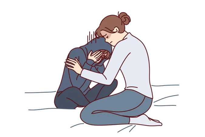 Mother Consoles Crying Daughter Who Is Depressed Due To Peer Problems Or Poor School Performance Caring Woman Hugging And Consoles Crying Girl After Argument Or House Arrest Related To Bad Behavior Illustration