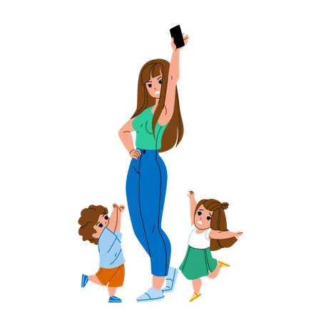 Children Gadget Addiction Modern Problem Vector Kids Boy And Girl Crying And Wanting Smartphone Mother Struggling With Gadget Addiction Characters Electronic Device Flat Cartoon Illustration Illustration