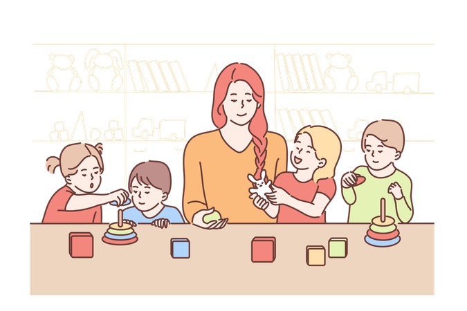 Mother is playing games with kindergarten students  イラスト
