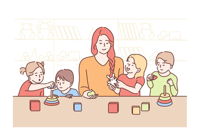 Education Teaching Game Study Concept Young Smiling Woman Teacher Cartoon Character Playing Cubes With Boys Girls Children Kids Preschoolers In Kindergarten Back To School Studying Process Illustration