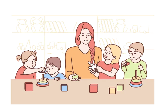 Mother is playing games with kindergarten students  Illustration