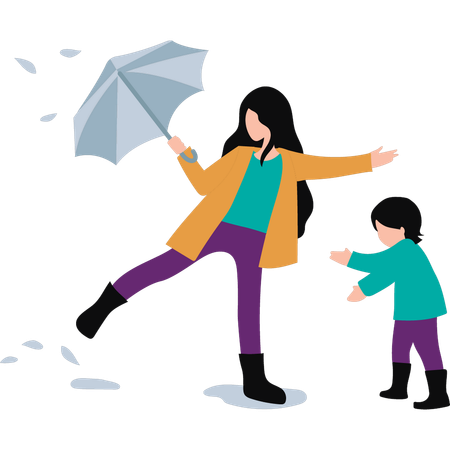 Mother is protecting her child from the rain  Illustration