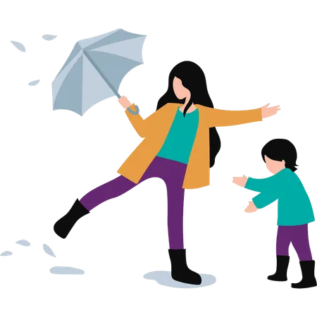 A Mother Is Protecting Her Child From The Rain Illustration