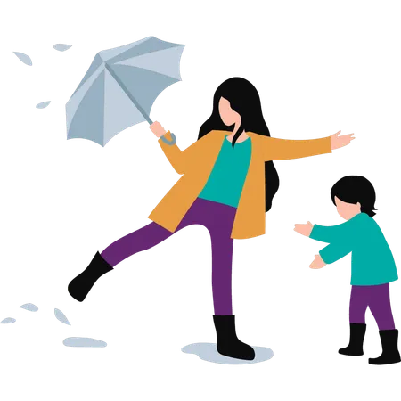 Mother is protecting her child from the rain  Illustration