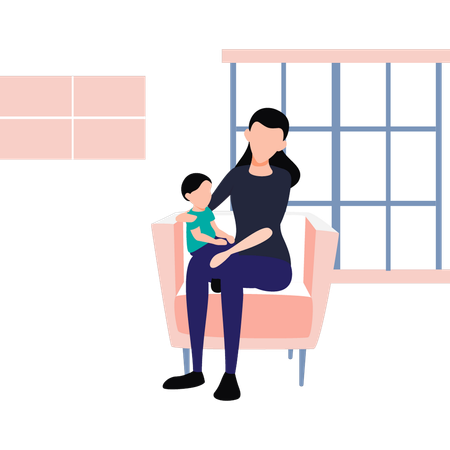 Mother is sitting on a sofa with her child  Illustration