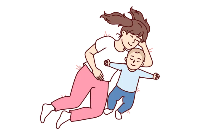 Little Girl Hugging Newborn Brother Lying In Bed And Falling Asleep Together For Happy Childhood Concept Caring Preteen Sister Near Carelessly Sleeping Little Toddler Resting After Day Walk Illustration