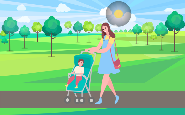 Mother is taking her child to the park  Illustration