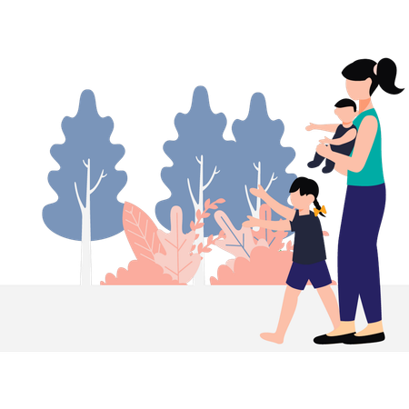 Mother is taking her children to the park  Illustration