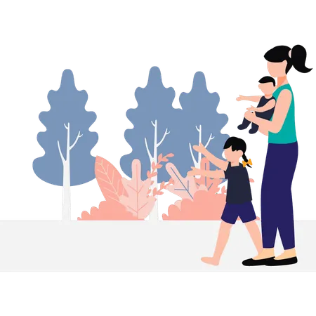 Mother Is Taking Her Children To The Park Illustration
