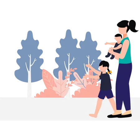 Mother is taking her children to the park  Illustration