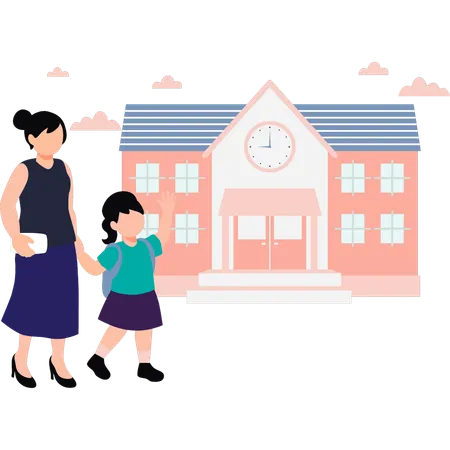A Mother Is Taking Her Daughter To School Illustration