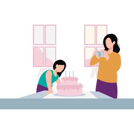 Mother is taking picture of cake with girl  Illustration