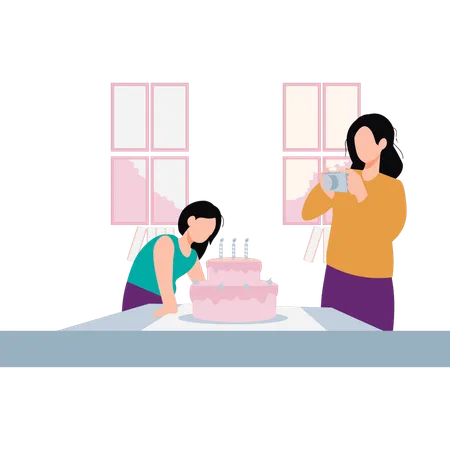 Mother is taking picture of cake with girl  Illustration